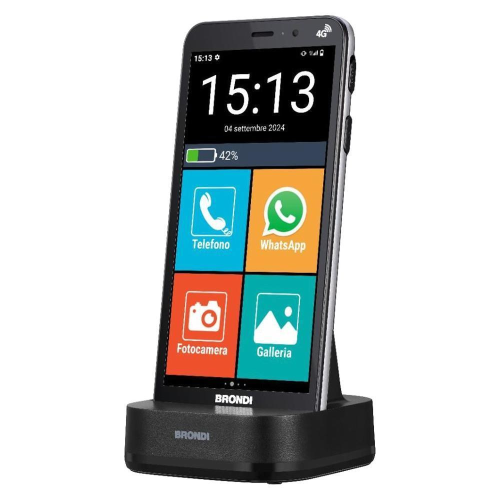 BRONDI AMICO VERO 4G+ DUAL SIM 5.7" SENIOR SMARTPHONE SENSORE DI CADUTA LOCALIZZAZIONE GPS IN TEMPO REALE TASTO SOS 4G+ FLIP COVER NERO